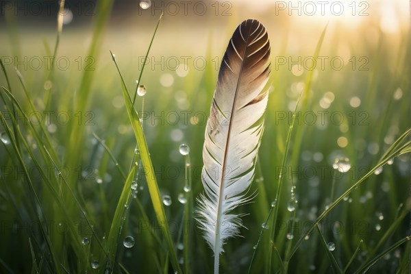 A lone feather resting gently on a dew-covered grassy field, with soft morning light illuminating