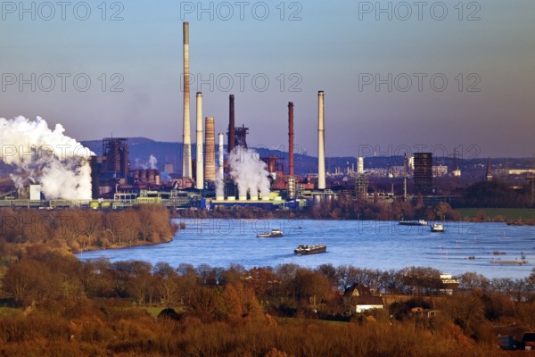 View from the Rheinpreussen spoil tip to Duisburg with ships on the Rhine and the Thyssen Krupp