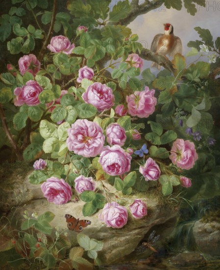 Large rose still life with butterflies and bird, painting by Josef Lauer (1818, 1881), Austrian