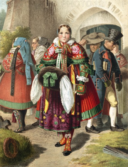 Traditional costumes in Germany around 1820, Province of Pomerania, Weitzacker, woman in colourful