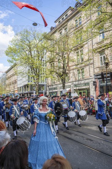 Drummers at the parade of historically costumed guild members, Zunft zur Meisen, Sechseläuten or