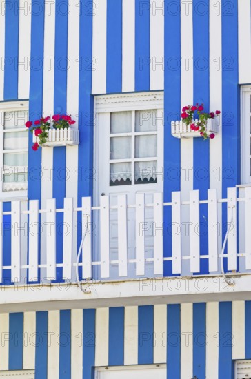 Traditional wooden striped house facade, Costa Nova do Prado, Aveiro, Portugal, Europe