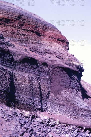 Layers of volcanic rock in the cross-section of a cliff, Lanzarote, Canary Islands, Spain 1979