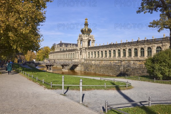 Dresden Zwinger, Baroque architectural style, gardens with lawn and path, crown gate, moat,