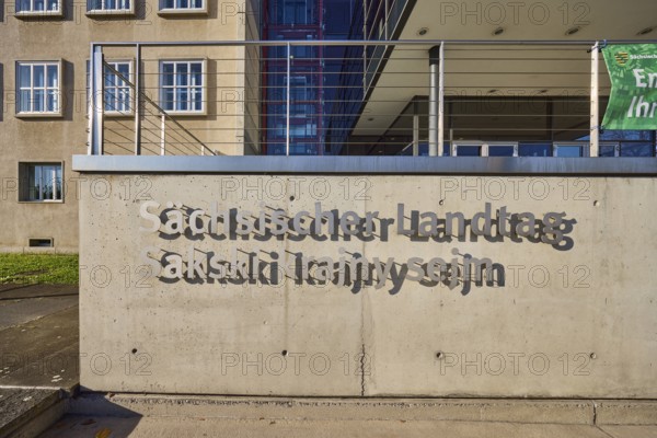 Saxon State Parliament, sign, concrete architecture, stainless steel railing,