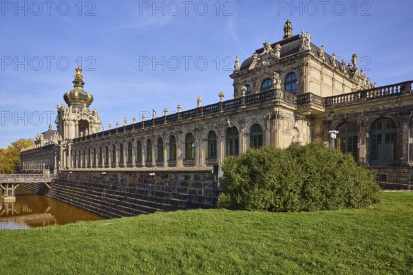 Dresden Zwinger, Crown Gate with bridge, Wallgraben, Long Gallery, Dresden, state capital,