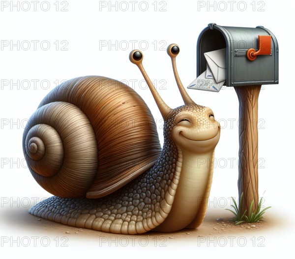 A snail with a snail shell on a letterbox, symbol image snail mail, letter post, postal system,