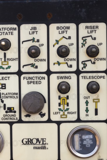 Close-up of toggle switch controls on component of heavy machinery, Quebec, Canada, North America