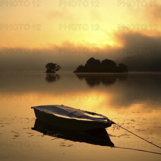 Sunrise on the Edersee with morning mist on the water, small islands in the Eder dam, fishing boat