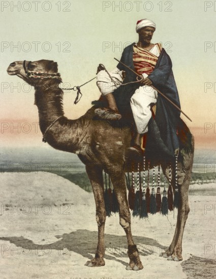 Bedouin with his camel, riding, Cairo, Egypt, digitally restored reproduction from a 19th century