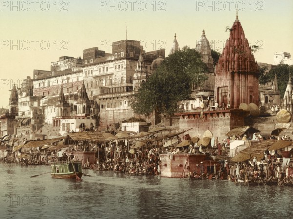 Benares, Varanasi. Rajah Potia Temple, India, digitally restored reproduction from a 19th century