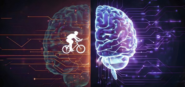 Abstract brain split into two halves, one side athletic motion, the other side neural network,