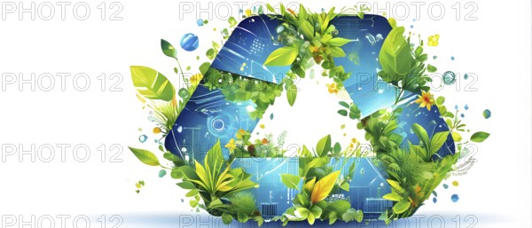 Recycling symbol morphing into growing plants and solar cells to symbolize the transformation of
