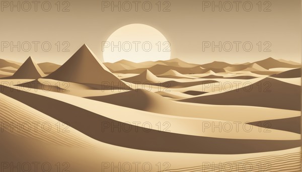 Abstract desert scene with triangular sand dunes and a single circular sun, using sharp lines and