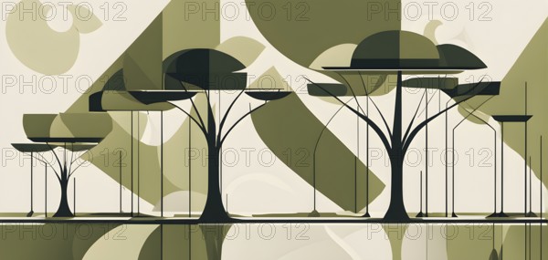 Abstract geometric tree with a circular canopy and a rectangular trunk, arranged in a clean,
