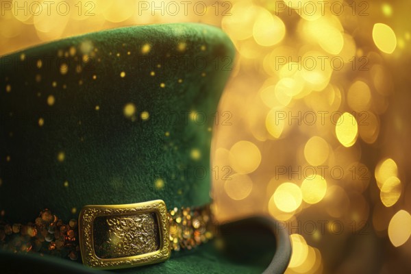 Close up of green St. Patrick's day leprechaun top hat surrounded by golden bokeh lights.