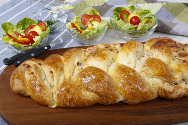 Swabian cuisine, hearty yeast plait with smoked meat, salty wreath bread, yeast yeast dough pastry,
