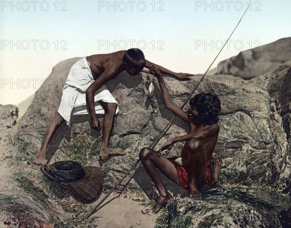Ceylon, Singhalese-Fisherboys, Historic, digitally restored reproduction from a 19th century