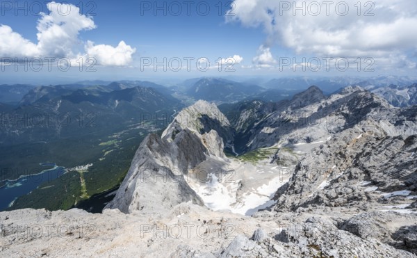 Panorama, rocky steep mountain landscape, mountain panorama from the summit of the Zugspitze, view