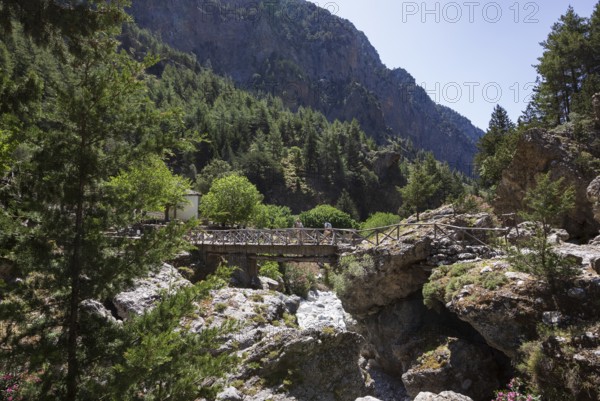 Bridge on the hiking trail through the Samaria Gorge, south coast, Crete, Greece, Europe