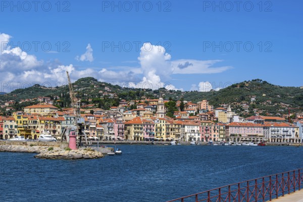 View from the Long Pier of the picturesque row of houses on the harbour in the Oneglia district of