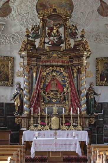 Altar in the Maria Gern pilgrimage church in the Bavarian Alps in Berchtesgaden, Bavaria, Germany,