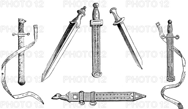 Valuable Roman swords with fine ornamentation from various periods, hilt with animal head, belt,
