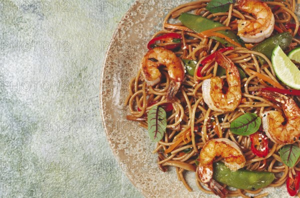 Fried udon noodles with shrimp and vegetables, Asian cuisine, homemade, no people