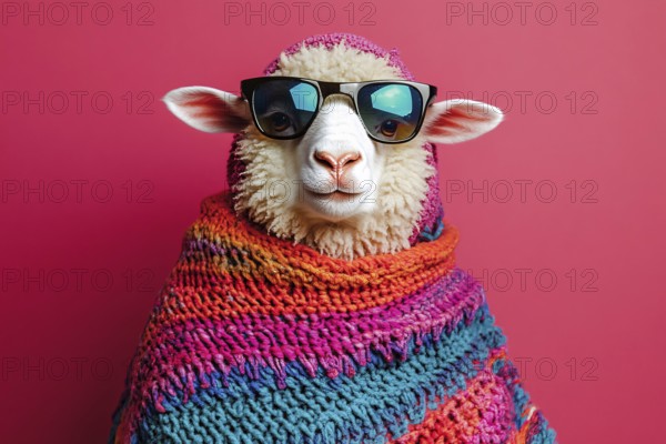 Cool sheep with sunglasses and knitted sweater in front of pink background. Generative Ai, AI