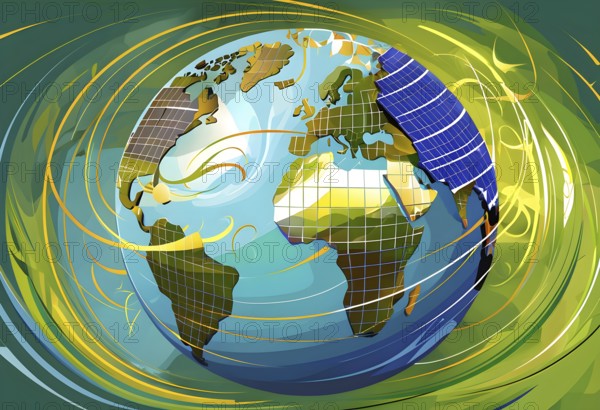 Illustration of a globe composed of triangular solar panels and swirling wind patterns, symbolizing