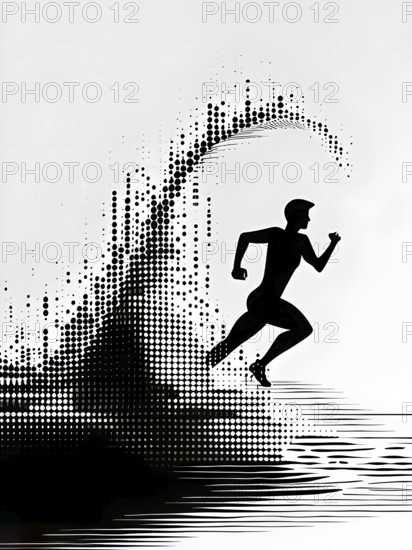 Wave of data points shaping into a runners silhouette, abstract illustration in black and white,
