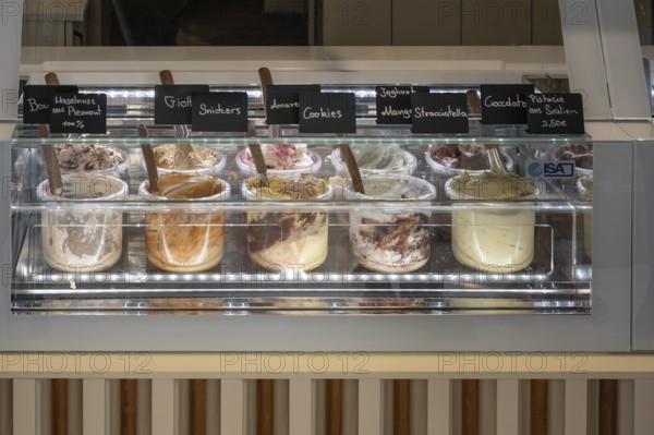 Ice cream flavours in an ice cream parlour, Bavaria, Germany, Europe