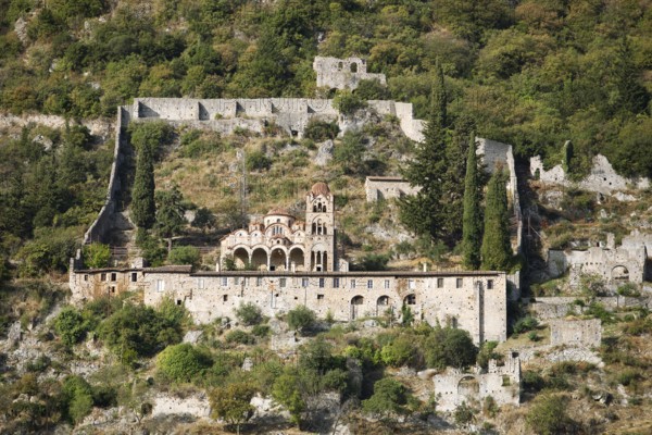 Exterior view of the Byzantine Orthodox monastery of Pantanassa, ruined city of Mystras or Mistra