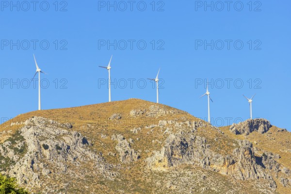 Wind turbines generating electricity, Kerames, Rethymno, Southern Crete, Crete, Greek Islands,
