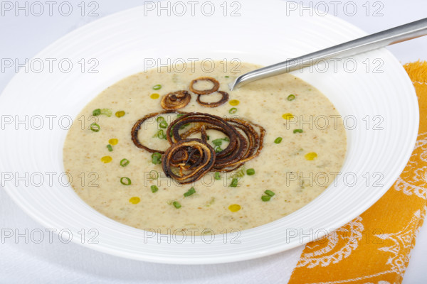 Swabian cuisine, green spelt soup, healthy, vegetarian, regional, soup served in soup plates,