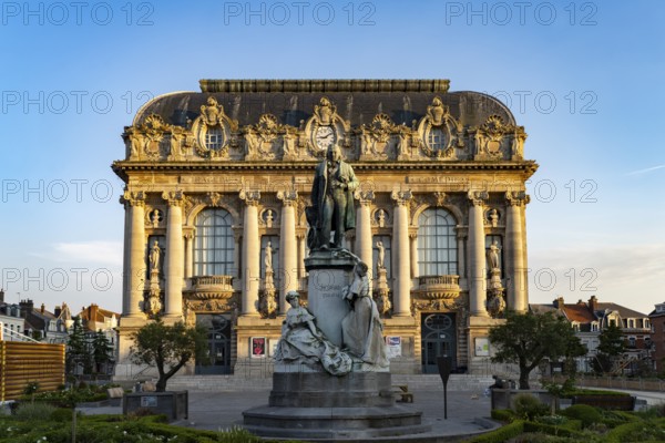 Statue of Joseph Marie Charles or Jacquard and the theatre of Calais, France, Europe