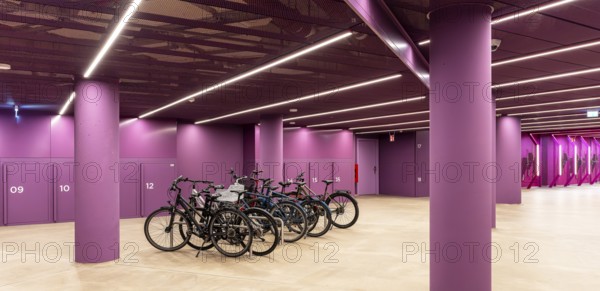 Underground car park for bicycles, redesigned Potsdamer Platz station, Sony Center, Berlin,