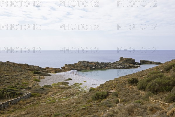 Pebble beach near the fortified village of Vathia, Mani Peninsula, Laconia, Peloponnese, Greece,