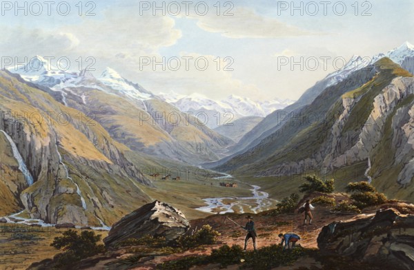 View from the foot of the Lukmanier, Swiss mountain pass, to Sainte Marie and the valley of Medels,