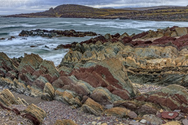 Colourful rocks, rock, coast, sea, waves, cloudy, Varanger Peninsula, Norway, Europe