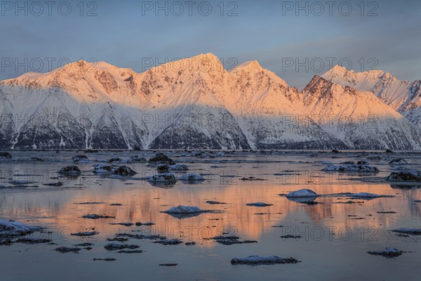 Morning light, mountains, snowy, reflection, sea, coast, fjord, winter, Lyngen Alps, Norway, Europe