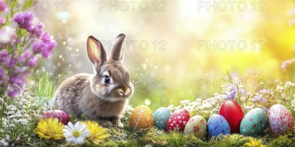 Easter bunny with Easter eggs for Easter in spring Greeting card panorama with text free space