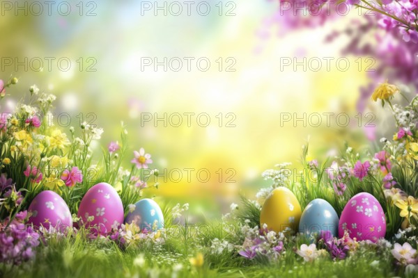 Easter egg hunt Easter egg hunt with flowers in a meadow in spring Greeting card with text free