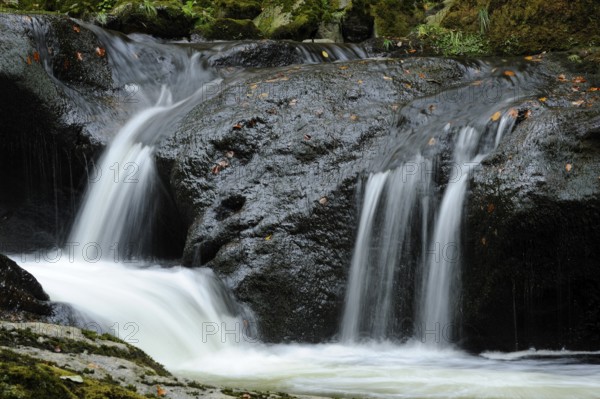 Close-up of a waterfall over black rocks with autumn leaves, Buchberger Leite, Bavarian Forest