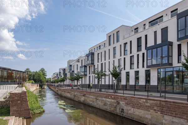 Queichpromenade residential park, River Queich, Landau i.d. Pfalz, Palatinate,