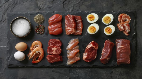 All meat, fish and eggs platter overhead. generative AI, AI generated