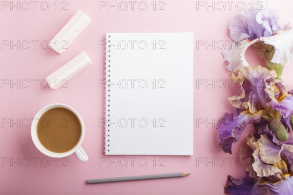 Purple and blue iris flowers and a cup of coffee with notebook on pastel pink background. Morninig,