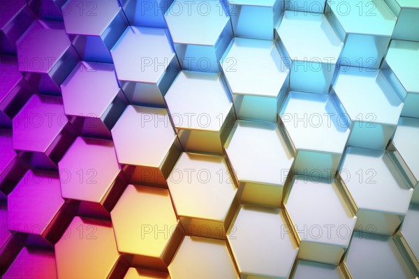 Gradient honeycomb pattern illuminated with vibrant colors. Ideal for backgrounds, wallpapers, and