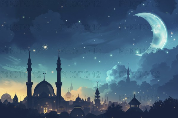 Ramadan with a mosque silhouetted against a starry night sky, illuminated by the crescent moon, AI