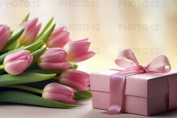 Gift Box with Pink Ribbon Beside bouquet of Fresh Tulips on Bokeh Background. Good for Valentine